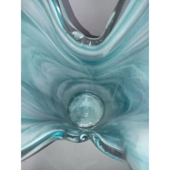 MURANO, Italy-Large, thick glass vase, ocean blue/white swirl colors ruffled top